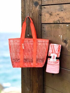 Victoria's Secret NWT Large Neon Orange Logo Mesh Beach Tote and Beach Towel